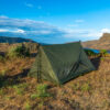 River country products trekker 2 trekking pole tent backpacking tent set up next to river