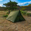 River country products trekker 2 trekking pole tent backpacking tent set up next to river