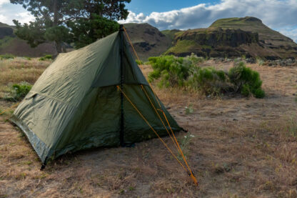 River country products trekker 2 trekking pole tent backpacking tent set up next to river