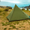 River country products trekker 1 trekking pole tent backpacking tent set up next to river with backpack