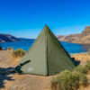 River Country Products Trekker 4 trekking pole tent backpacking tent set up next to river