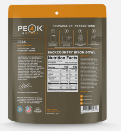 peak refuel bison bowl nutrition facts dehydrated meal